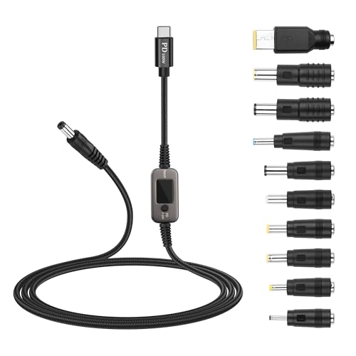 SinLoon PD to DC Converter Cable | 100W Adjustable Voltage (5V/9V/12V/15V/20V) Type-C Male to DC5521 Male | 10-in-1 Adapter Heads | 1.2m Black Braided Cable