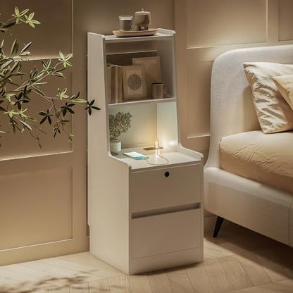 Modern Smart Nightstand with Night Light & Charging Station, Night Stand with Bookshelf, Lockable Bedside Cabinet Tables with 2 Storage Drawers for Bedroom Home Office - color: White