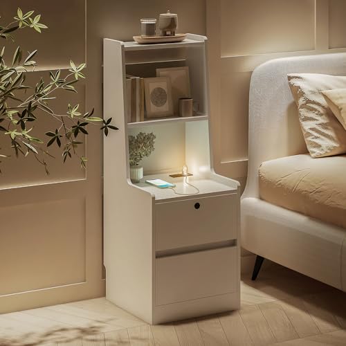 Modern Smart Nightstand with Night Light & Charging Station, Night Stand with Bookshelf, Lockable Bedside Cabinet Tables with 2 Storage Drawers for Bedroom Home Office - color: White