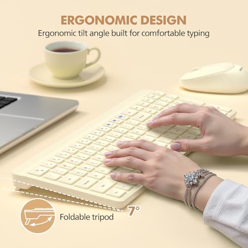 Wireless Keyboard and Mouse Combo for Desktop Mac iPad Bluetooth 2.4 Ghz Rechargeable Ultra Silent Click with Number Pad Compatible with Pc, Laptop, Tablet (Cream) - color: Cream
