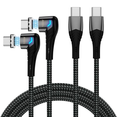 100W USB C to USB C Magnetic Charging Cable (2 Pack, 5ft) Right Angle Magnetic Phone Charger 5A PD Fast Charge Cord for MacBook Pro/Air, iPad Pro, iPhone 16 15 Pro, Galaxy S23 - color: Purple