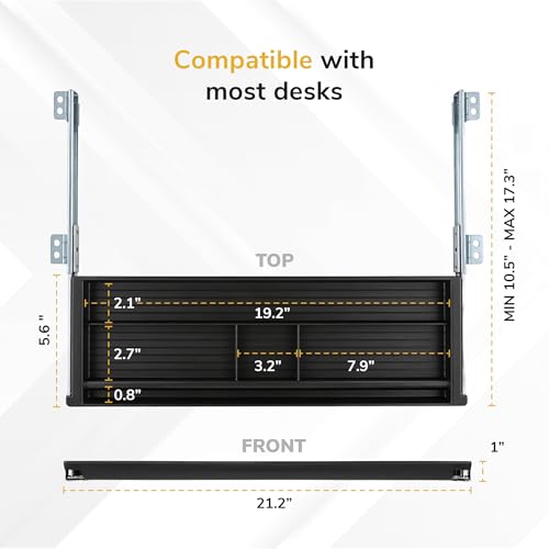 Mount-It! Under Desk Pencil Drawer | 21.25” W, Ball Bearing Slide-Out Organizer for Office Supplies, Paper & Pencils | Fits Desks Over 1” Thick, Adjustable Extension 16.25”–28” - size: 6 Inch Deep