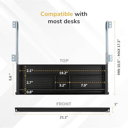 Mount-It! Under Desk Pencil Drawer | 21.25” W, Ball Bearing Slide-Out Organizer for Office Supplies, Paper & Pencils | Fits Desks Over 1” Thick, Adjustable Extension 16.25”–28” - size: 6 Inch Deep