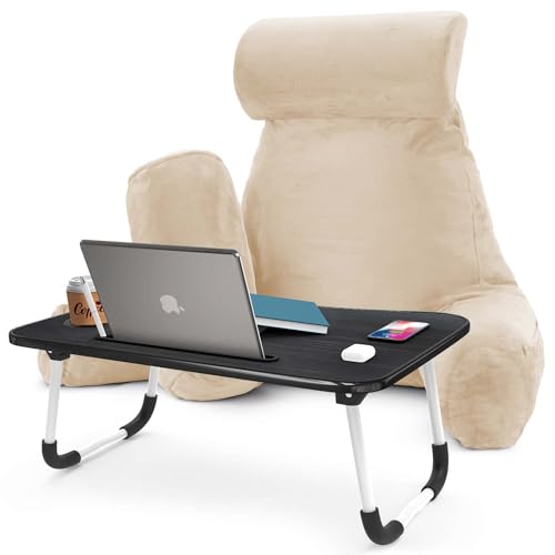 Nestl Reading Pillow with Portable Laptop Lap Desk - Shredded Memory Foam Back Support Pillow for Sitting Up in Bed and Couch Rest Pillows with Arms, Bed Tray Table with Foldable Legs, Cream - color: Cream, size: Large