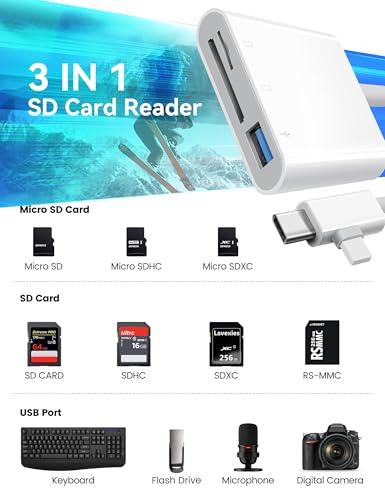 SD Card Reader for iPhone, SD Card Adapter with Lightening & USB C Dual Connectors Plug&Play Supports microSD, SD and USB-A OTG, Portable Trail Camera Memory Reader for iPhone Mac MacBook iPad