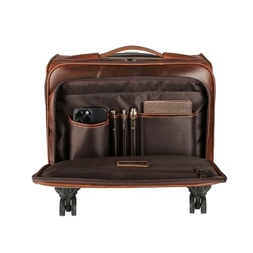 KomalC Leather Rolling Briefcase for Men – Wheeled Laptop Bag with 21” Trolley Handle, Premium Buffalo Leather Business Travel Case