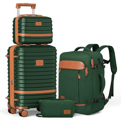 Joyway Expandable Carry on Luggage Sets Airline Approved, Lightweight Hard Shell 20 Inch Carry-on Suitcase with Spinner Wheels, Green Brown - color: Green, size: 4 piece sets (13/20)