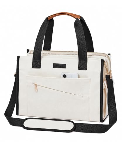 MeZQ Canvas Tote Bag for Women,14-Pockets Work Laptop Tote Large Office Crossbody | Teacher Nurse College with Strap & Zipper - color: White