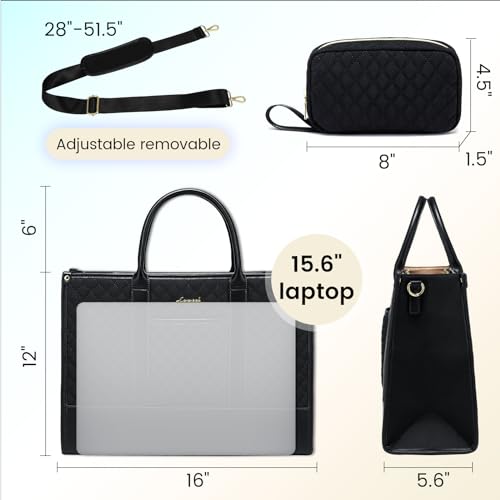 LOVEVOOK Laptop Bags for Women, 15.6 inch Waterproof Work Tote Bag with Clutch, Professional Teacher Computer Purse Lightweight Shoulder Bag Travel, Quilted Black | Canvas Quilted Computer Purse with Shoulder Strap&Clutch, Professional Teacher Handbag Off