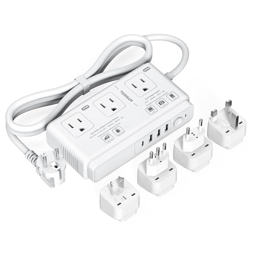 220V to 110V Voltage Converter, TESSAN Universal Travel Adapter with 4 USB Charger (1 USB C), 3 AC Sockets and EU/UK/AU/IT Plug Power Adaptor, Step Down Transformer Outlet - color: White