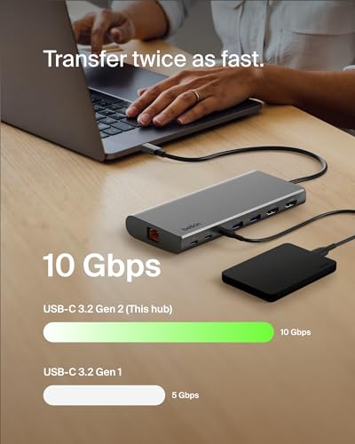Belkin USB-C Hub 8 in 1 Dual Display | Dual monitor support for MacBook, Windows laptop, and Chromebook, expands USB-C connectivity for home office
