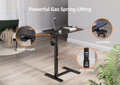 Claiks Mobile Standing Desk with Cup Holder Overbed Table 25.5" Black | Cup Holder, Rolling Adjustable Desk, Hidden Wheels, Gas Spring Lift, Side Hook, Easy Assembly, Hospital Use - color: Black