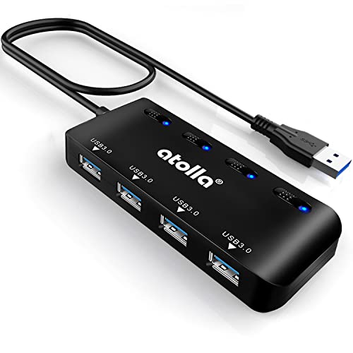 USB Hub, 4-Port USB 3.0 Hub Splitter with 2 ft Extended Cable, Ultra Slim Data USB Extender with Individual Power Switches and LED - size: 2 FT
