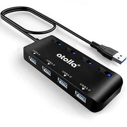 USB Hub, 4-Port USB 3.0 Hub Splitter with 2 ft Extended Cable, Ultra Slim Data USB Extender with Individual Power Switches and LED - size: 2 FT