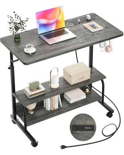 32" Rolling Standing Desk with Charging Station for Couch Bed | Height Adjust 27.5-41", 2 AC/3 USB, Mobile 4 Lockable Wheels, 2-tier Shelves Hook, Safe Corner Fast Assembly - color: Grey Oak, size: 32''