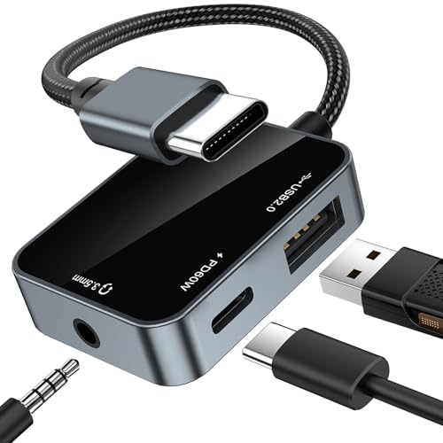 USB C to 3.5mm Audio Adapter 3-in-1 USB-C Headphone Adapter with USB OTG Data Port & 60W PD Charging, Type-C Aux to 3.5mm Converter Compatible with iPhone 17/16/15, Samsung Galaxy, Pixel, iPad