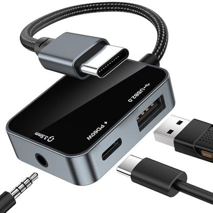 USB C to 3.5mm Audio Adapter 3-in-1 USB-C Headphone Adapter with USB OTG Data Port & 60W PD Charging, Type-C Aux to 3.5mm Converter Compatible with iPhone 17/16/15, Samsung Galaxy, Pixel, iPad