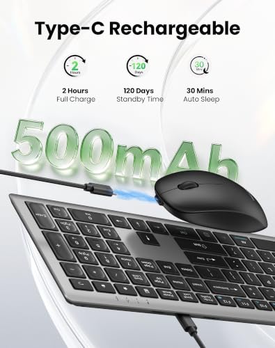 TECKNET 2.4G Rechargeable Ultra-Slim Wireless Keyboard and Mouse Combo | 2.4G Stable Connection, Full-Size Scissor Switch Keyboard with 12 Multimedia Keys, Silent Mouse, Ergonomic Design, Grey - color: Gray