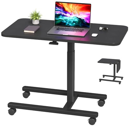 Homkdom C Shaped Table with Wheels, Side End Table with Extended Desktop, Adjustable Rolling Desk for Small Space, Dorm, Height Adjustment (29.5"-44"), Black - color: Black