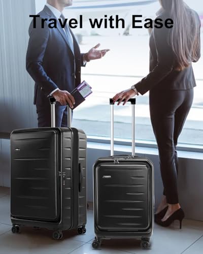 CENSIEN Expandable Luggage Sets, 20 Inch Carry On Luggage 28 Inch Suitcases | 20in Front Open Laptop Pocket Luggage,28in Top Open Trunk Suitcase,Lightweight ABS+PC Hardshell,YKK Zipper,Travel Bags,Black - color: Black, size: 20/28 Inch EXT