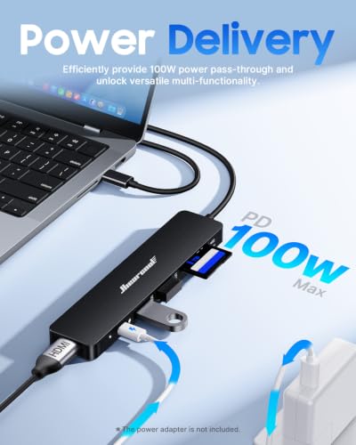 Hiearcool USB C Hub, 7-in-1 USB C Dongle for MacBook, HDMI, PD, Black - color: Black