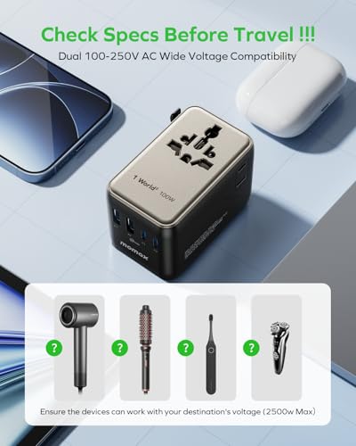 MOMAX 6-in-1 Universal Travel Adapter, GaN 100W International Power Adapter, 2 AC, 2 USB-C PD Fast Charging & 2 USB-A QC, All-in-one International Plug Adapter for Travel European UK AUS JP - color: Titanium, size: 100W
