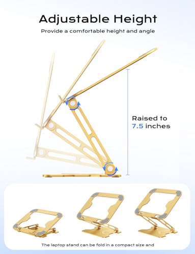 JCZT Adjustable Laptop Stand for Desk, Metal Foldable Laptop Riser, Portable Laptop Holder Mount, Ventilated Cooling Computer Notebook Stand for MacBook Air Pro, All 10-16'' Notebooks Laptops, Gold - color: Gold
