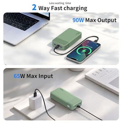 NOBIS Power Bank 90W 20,000mAh Laptop Portable Charger | PD Fast Charging Battery Pack, 4-Port, Digital Display, Compatible Laptop, Tablet, Phone and More - color: Green