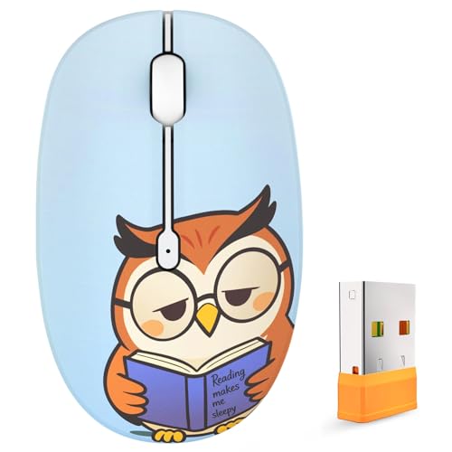 FMOUSE Cute Cartoon Wireless Mouse, 2.4G Bluetooth Dual Mode, AA Battery Powered, Silent Ergonomic Mice for Kids Students Office Workers Laptop PC Mac iPad (Sleepy Book Owl) - color: Sleepy Book Owl