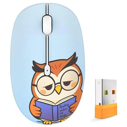 FMOUSE Cute Cartoon Wireless Mouse, 2.4G Bluetooth Dual Mode, AA Battery Powered, Silent Ergonomic Mice for Kids Students Office Workers Laptop PC Mac iPad (Sleepy Book Owl) - color: Sleepy Book Owl