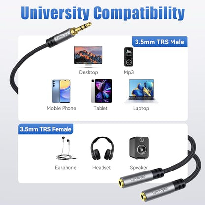 Headphone Splitter, 3.5mm TRS Male to Dual 3.5mm TRS Female Stereo Audio Y Splitter Cable (1Feet/12Inch), Nylon-Braided, Hi-Fi Sound for Sharing Music, Movies, Gaming on Phones, Tablets, Laptop-2Pack - color: 3.5mm TRS 1 Male to 2 Female Splitter, size: 2