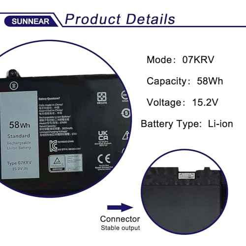 58Wh 07KRV Laptop Battery for ell Latitude 5430 5530 Precision 3570 | 4Cell 15.2V 3625mAh; Battery Replacement for Dell P104F P104F005 P137G P137G004; H4PVC Y86WG 08WRCR 078FWY 4FVJG O7KRV - size: 12.20*4.41*1.26 inches 07KRV