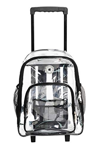 K-Cliffs Rolling Clear Backpack Heavy Duty Bookbag Quality See Through Workbag Travel Daypack Transparent School Book Bags w/Wheels Black - color: Clear/Black