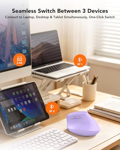 KYSONA Ergonomic Mouse Wireless, Bluetooth Vertical Mouse, 5-Level Adjustable DPI, 2.4G Silent Switch Mice for Windows, MacOS, IPadOS, Laptop, PC, Purple - color: Purple