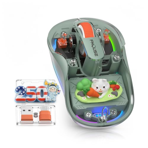 FMOUSE Transparent Wireless Mouse, 2 Cute 2026 Figurines, Tri-Mode, Green | Rechargeable | USB-A & USB-C Receivers for Mac, iPad, Laptop | 2.4G & Dual Bluetooth | Silent Clicks | RGB | Portable - color: Green