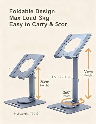 Full Metal Tablet Stand for Desk, 360° Swivel Height Adjustable | 8.7" sit-stand height, aluminum carbon steel, anti-slip silicone pads, hollow cooling, foldable, fits 4.7-13" iPad & tablets - color: Gray-green