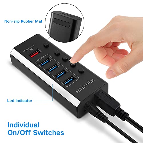 RSHTECH Powered USB Hub with 4 USB 3.0 Data + 1 Fast Charging Port, RSH-A35 | USB Extender Hub with 24W(12V/2A) Power Adapter and Individual On/Off Switches