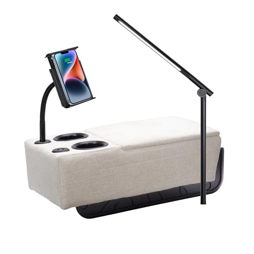 Removable Sofa Armrest, Dual Cup Holders Large Size Multifunctional Couch Caddy Storage Arm Rest with Power Wireless Charging Stand & LED Reading Light for Sofa Middle Seat Parts - color: Latte, size: Fabric-2 CUPS
