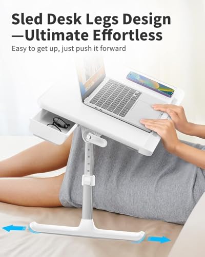 SAIJI Laptop Bed Tray Table, Adjustable PVC Leather Laptop Bed Table, Portable Standing Desk with Storage Drawer, Foldable Lap Tablet Table for Sofa Couch Floor (Large,White) | Fits 17" Laptop, Work From Home & Dorm Study, with Storage Drawer & PVC Leathe