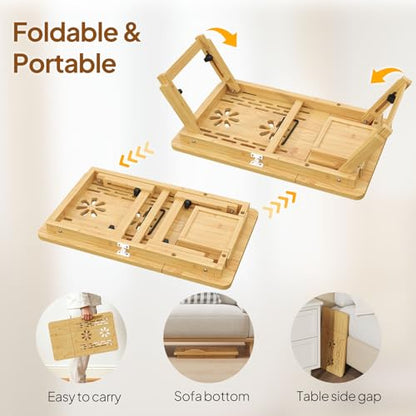 Bamboo Laptop Desk for Bed, Height & Angle Adjustable Foldable Lap Desk with Drawer & Cup Holder, Portable Bed Desk Table for Working, Reading, Writing or Breakfast on Sofa, Couch or Floor