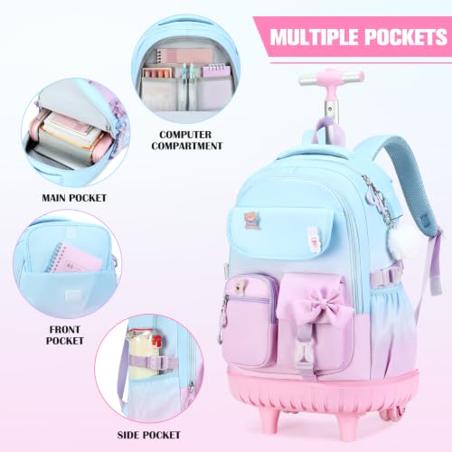 ACESAK Rolling Backpack for Girls - Roller Wheels School bag with Lunch Bag & Pencil Pouch for Teen Girls Kids Wheeled Suitcase Backpacks, Elementary Middle School Travel Daypack(Blue Purple) - color: Blue Purple