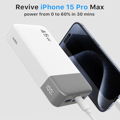 NOBIS Portable Charger 45W 20000mAh Power Bank Fast Charging | 2C+2A Battery Pack with C to C Cable, Battery Bank with Digital Display for iPhone Android Laptop etc - color: White