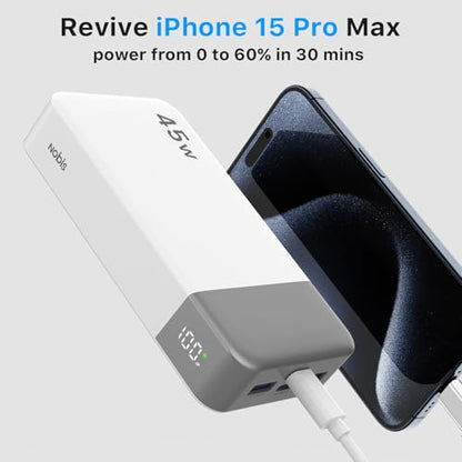 NOBIS Portable Charger 45W 20000mAh Power Bank Fast Charging | 2C+2A Battery Pack with C to C Cable, Battery Bank with Digital Display for iPhone Android Laptop etc - color: White