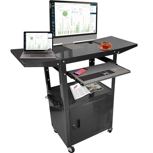 AV Cart with Locking Cabinet and Keyboard Tray Height Adjustable Utility Cart with Extra Storage,Computer Cart with Wheels and Power Strip for Presentations Office Holds 300 Lbs(Black/43”x18”x43”) - size: 43”x18”x43”