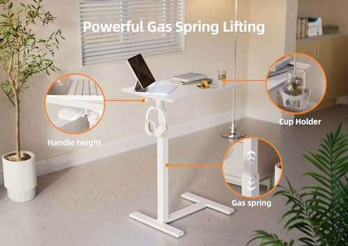 Claiks Mobile Standing Desk with Cup Holder Overbed Table 25.5" White | Cup Holder, Rolling Adjustable Desk, Hidden Wheels, Gas Spring Lift, Side Hook, Easy Assembly, Hospital Use - color: White