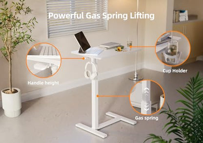 Claiks Mobile Standing Desk with Cup Holder Overbed Table 25.5" White | Cup Holder, Rolling Adjustable Desk, Hidden Wheels, Gas Spring Lift, Side Hook, Easy Assembly, Hospital Use - color: White