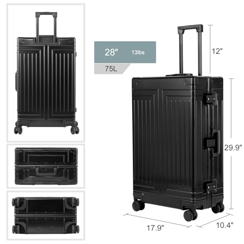 All Aluminum Carry On Luggage，Cut from Whole Aluminum Sheet，22x14x9 Airline Approved ，（3rd Generation，Premium Metal zipperless suitcase ） (black, 28inch) - color: black, size: 28 inch