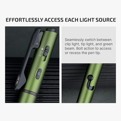 OLIGHT O'Pen 3 EDC Pen Light, 120 Lumens LED Flashlight with Green Beam, 4-in-1 Bolt Action Pen with Nib & Clip Light, USB-C Rechargeable for Writing, Presentation, Inspection and Outdoor (OD Green) - color: Green