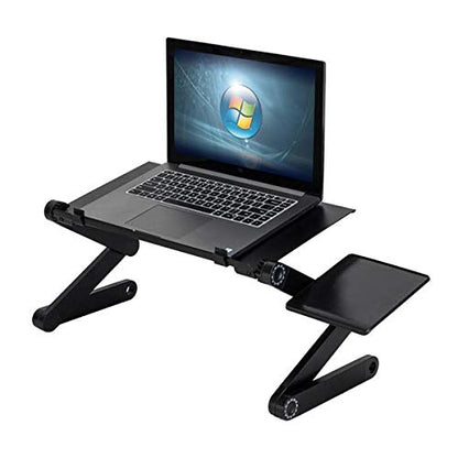 360° Adjustable Folding Laptop Table with Cooling Fan & Mouse Pad, Portable Aluminum Laptop Desk Stand for Bed, Sofa, Couch & Office, Height Adjustable Multifunctional Notebook Table, Black
