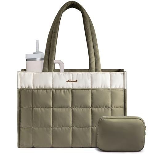 LOVEVOOK Tote Bag for Women, Puffer Work Handbag 15.6 Inch Laptop Purse for Nurse Teacher, Large Quilted Travel Tote Shoulder Bag with Zipper for College Office Clinical Gym, Cream-Sage - color: Cream-sage, size: 15.6 inch